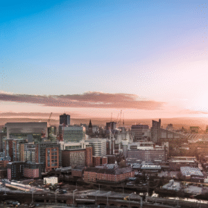 a sky view of the city of Manchester, UK